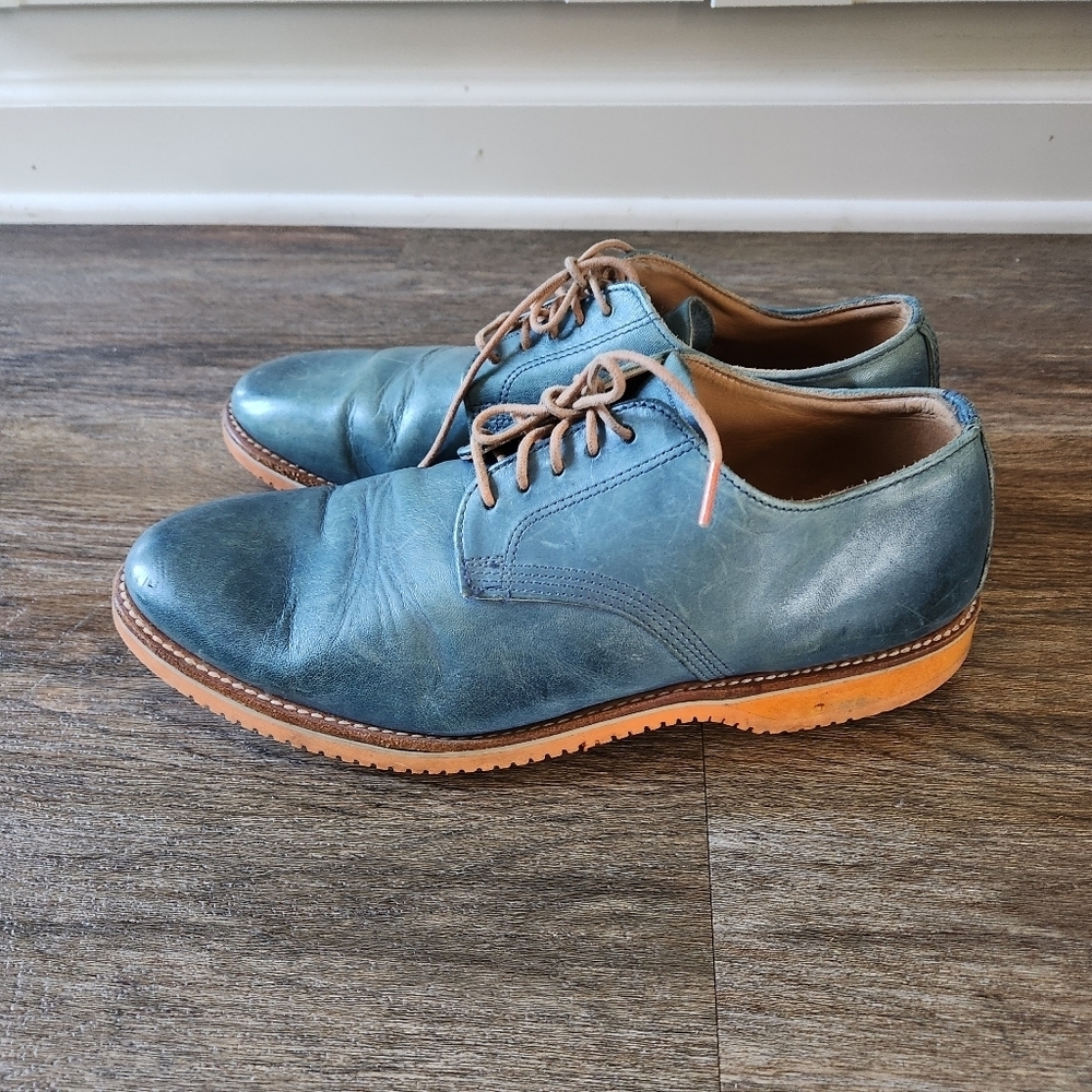Walk-Over Made in USA Blue Leather Oxford Bucks Shoes Brick Red Sole Mens 10